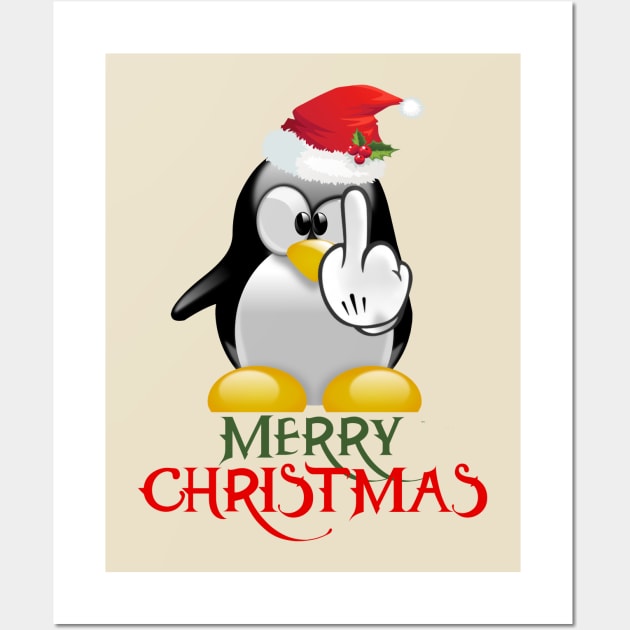 Merry Christmas Irreverent Angry Penguin Wall Art by Closeddoor